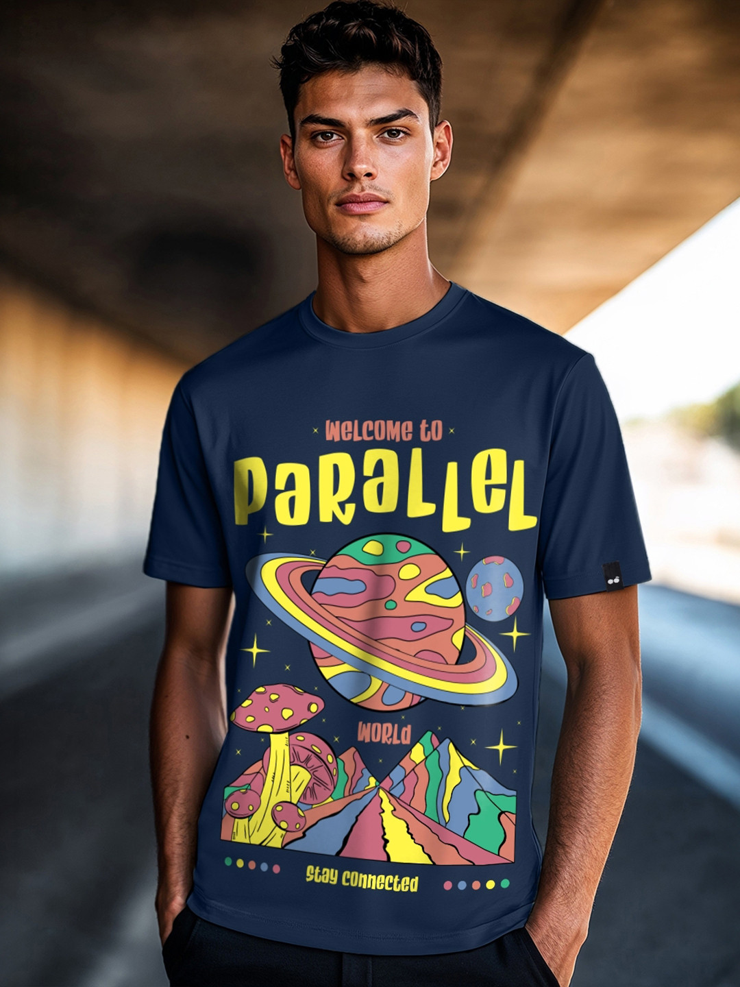 Bewakoof Blue Parallel World Graphic Printed Cotton T-shirt