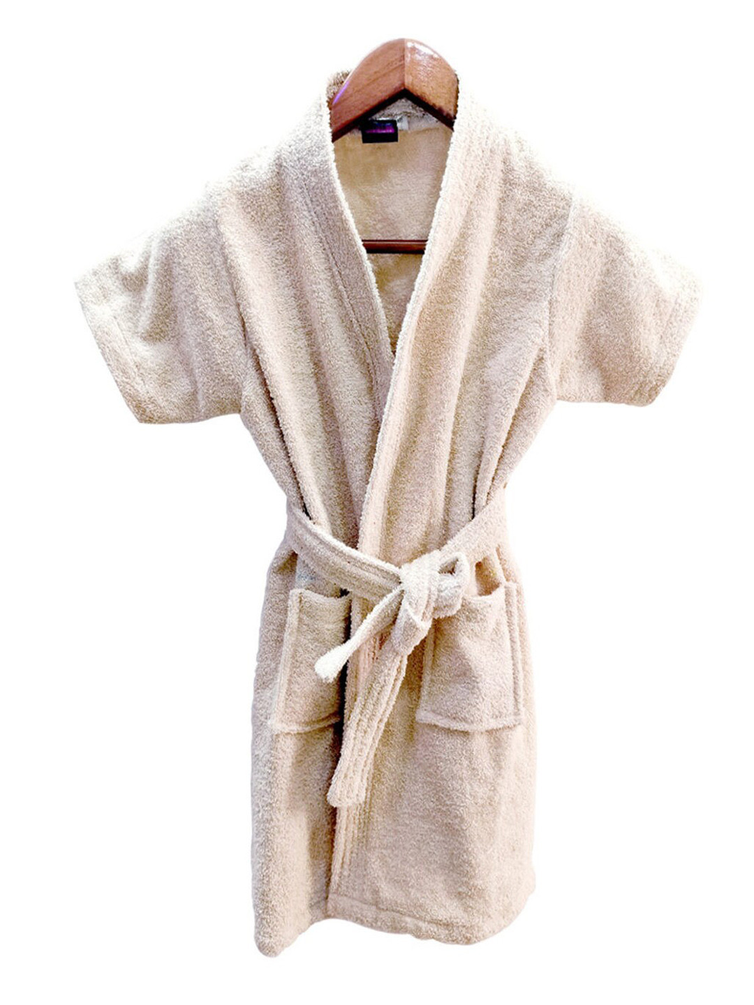 GAB Off White Solid Cotton Drawstring Midi Bath Robe-9-10Y