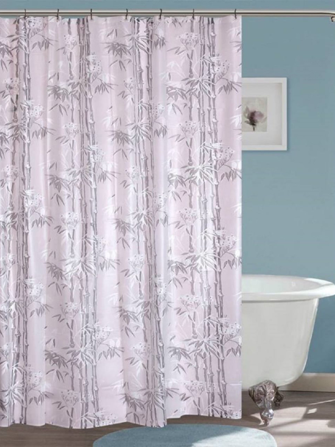 Jinaya's Pink & Black Bamboo Printed Semi Sheer Waterproof Shower Curtain