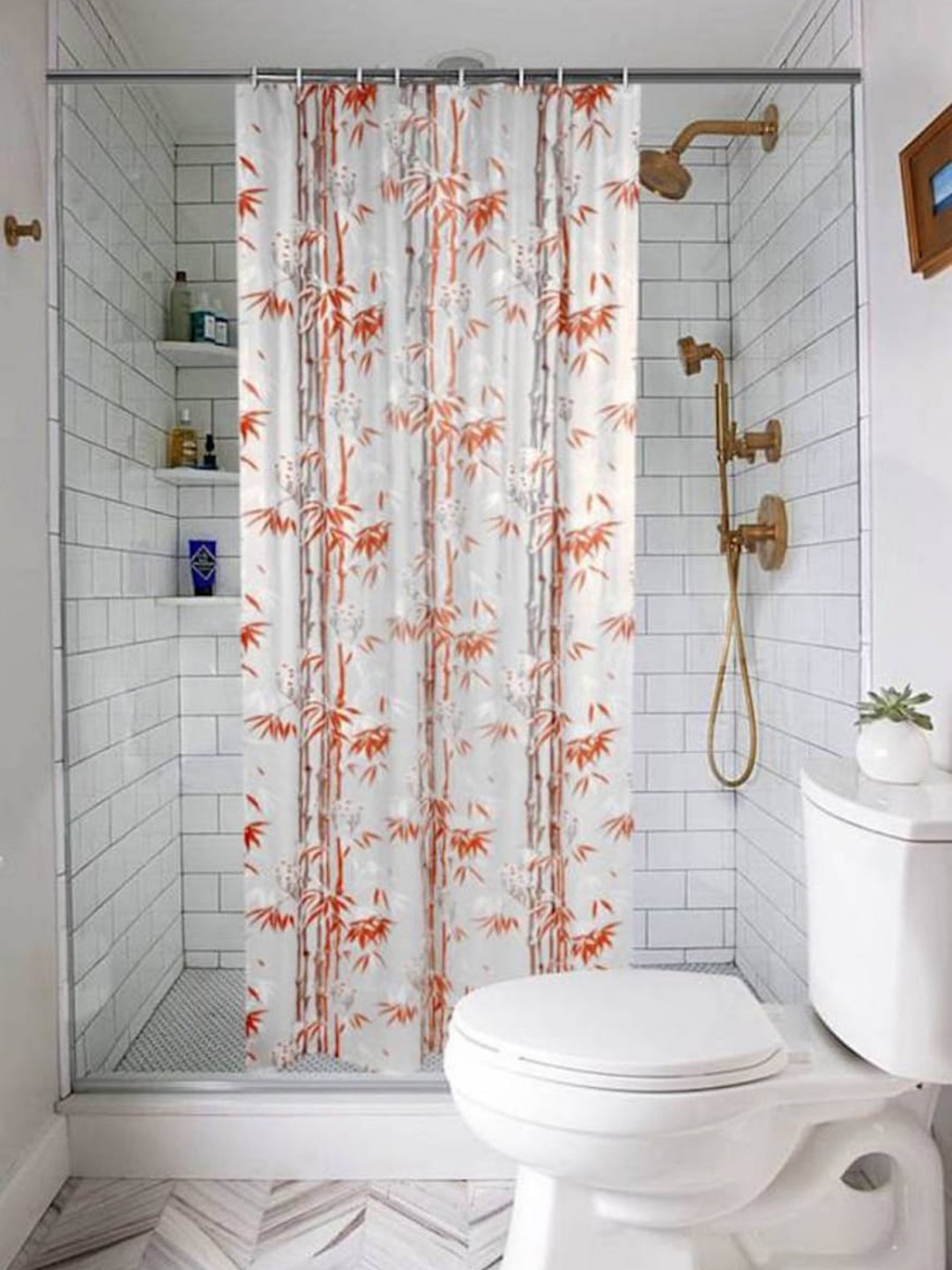 Jinaya's White & Orange Semi Transparent Printed Shower Curtain