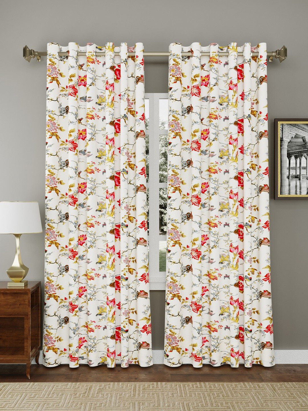 Jinaya's White & Red Printed 2 Pieces Black Out Door Curtains