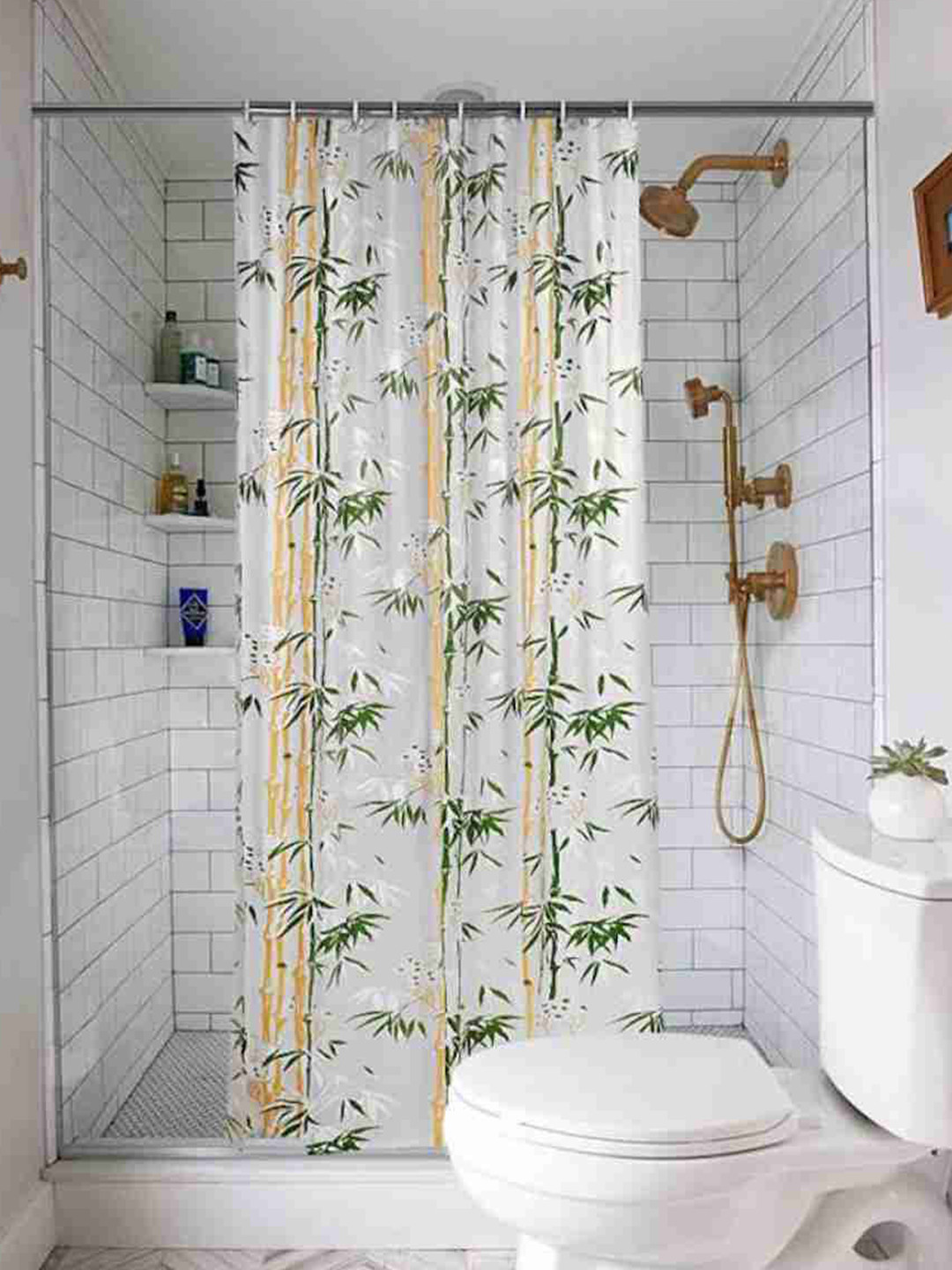 Jinaya's White & Green Printed Shower Curtain