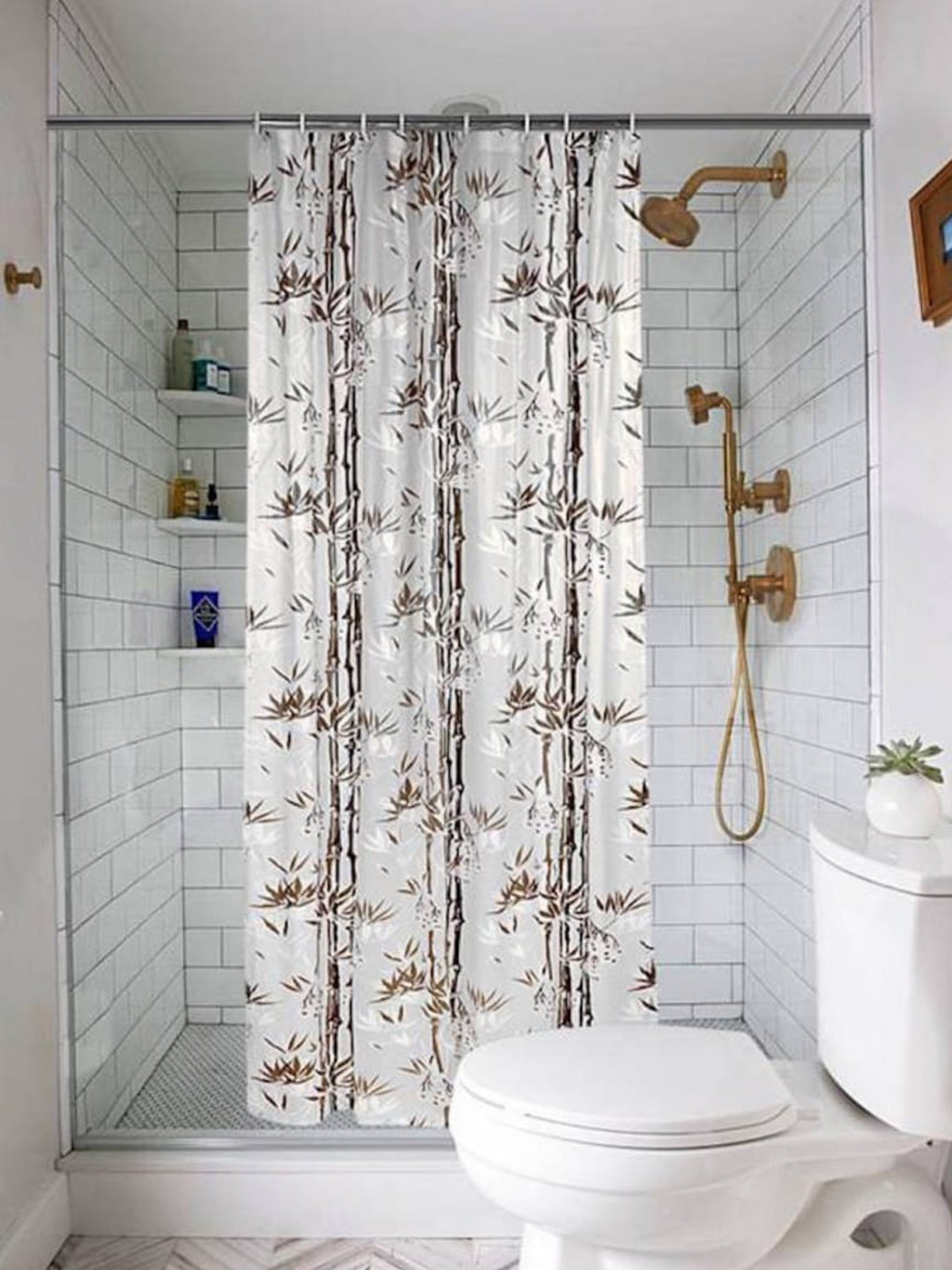 Jinaya's White & Brown Printed Regular Shower Curtain