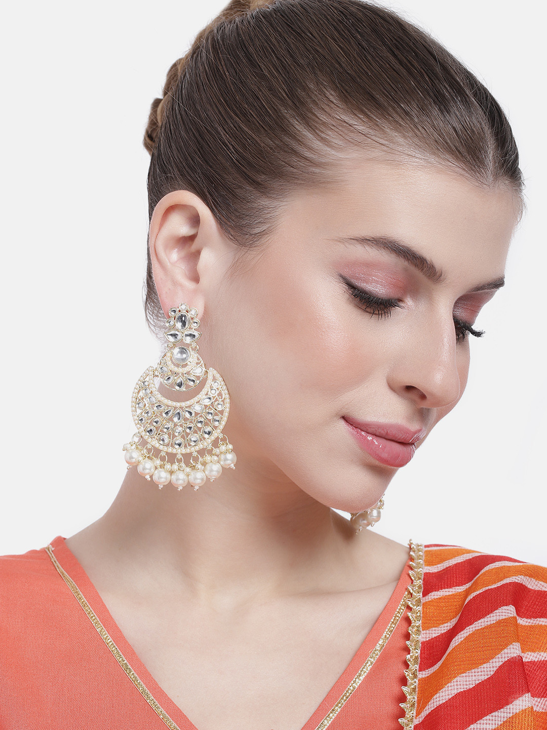 Peora Women Gold-Plated Kundan Studded Crescent Shaped Chandbalis Earrings