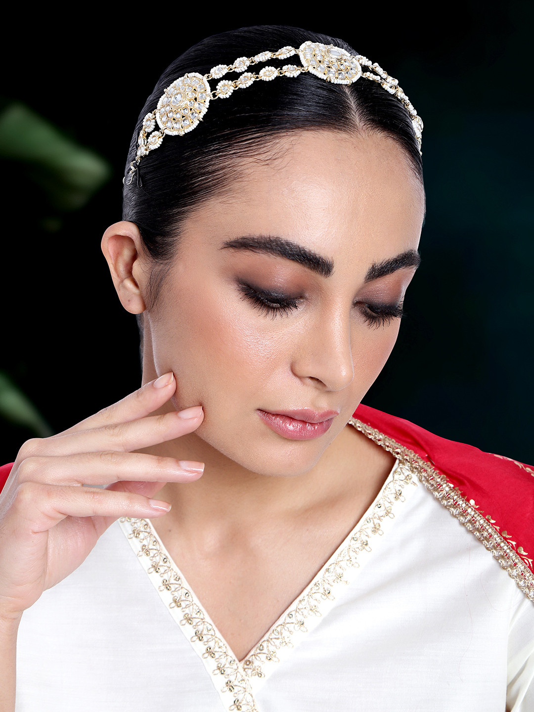 Peora Gold-Plated Kundan-Studded Sheeshphool Head Jewellery