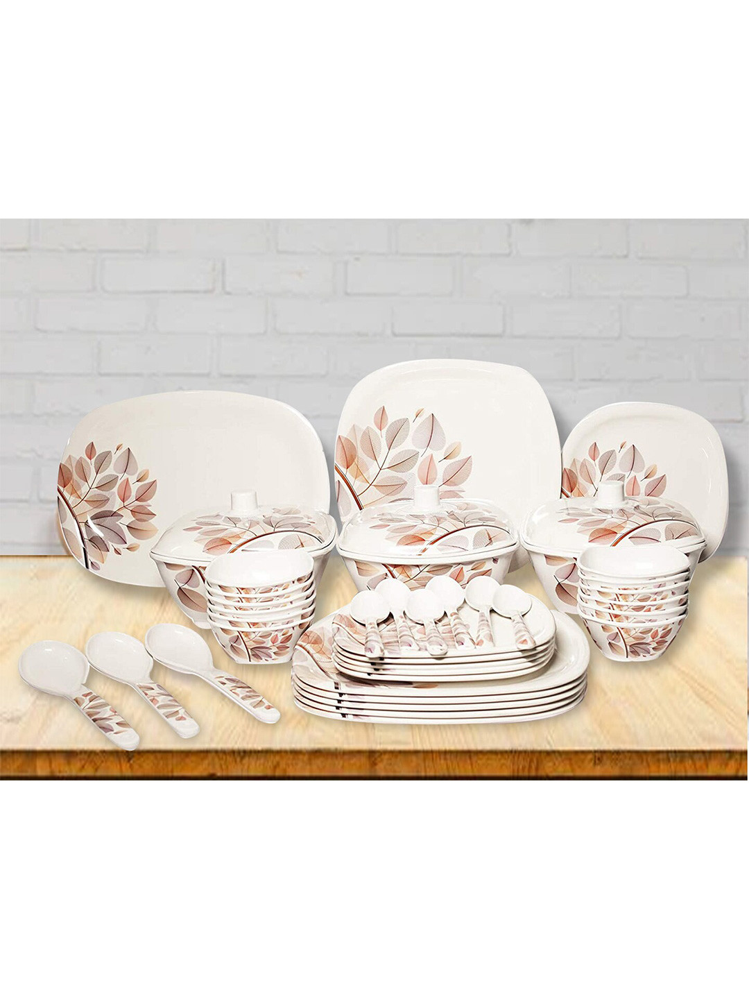 Bataniya White Leaf Melamine Dishwasher Safe 40 Piece Dinner Set