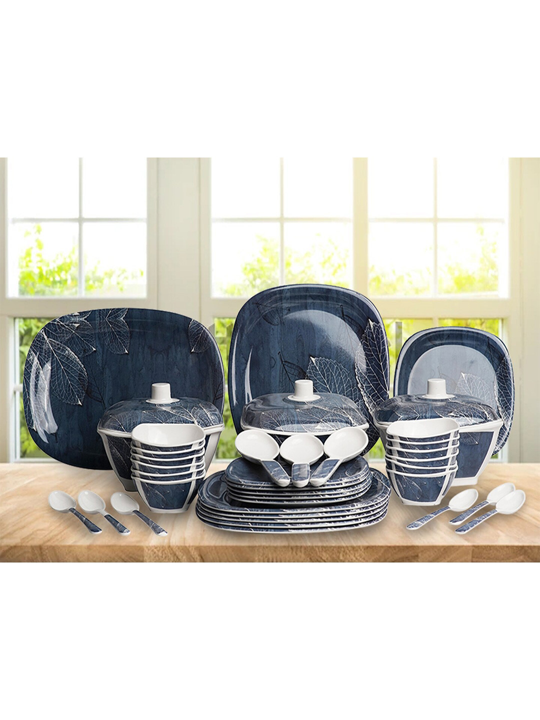 Bataniya Navy Blue Leaf Melamine Dishwasher Safe 40 Piece Dinner Set