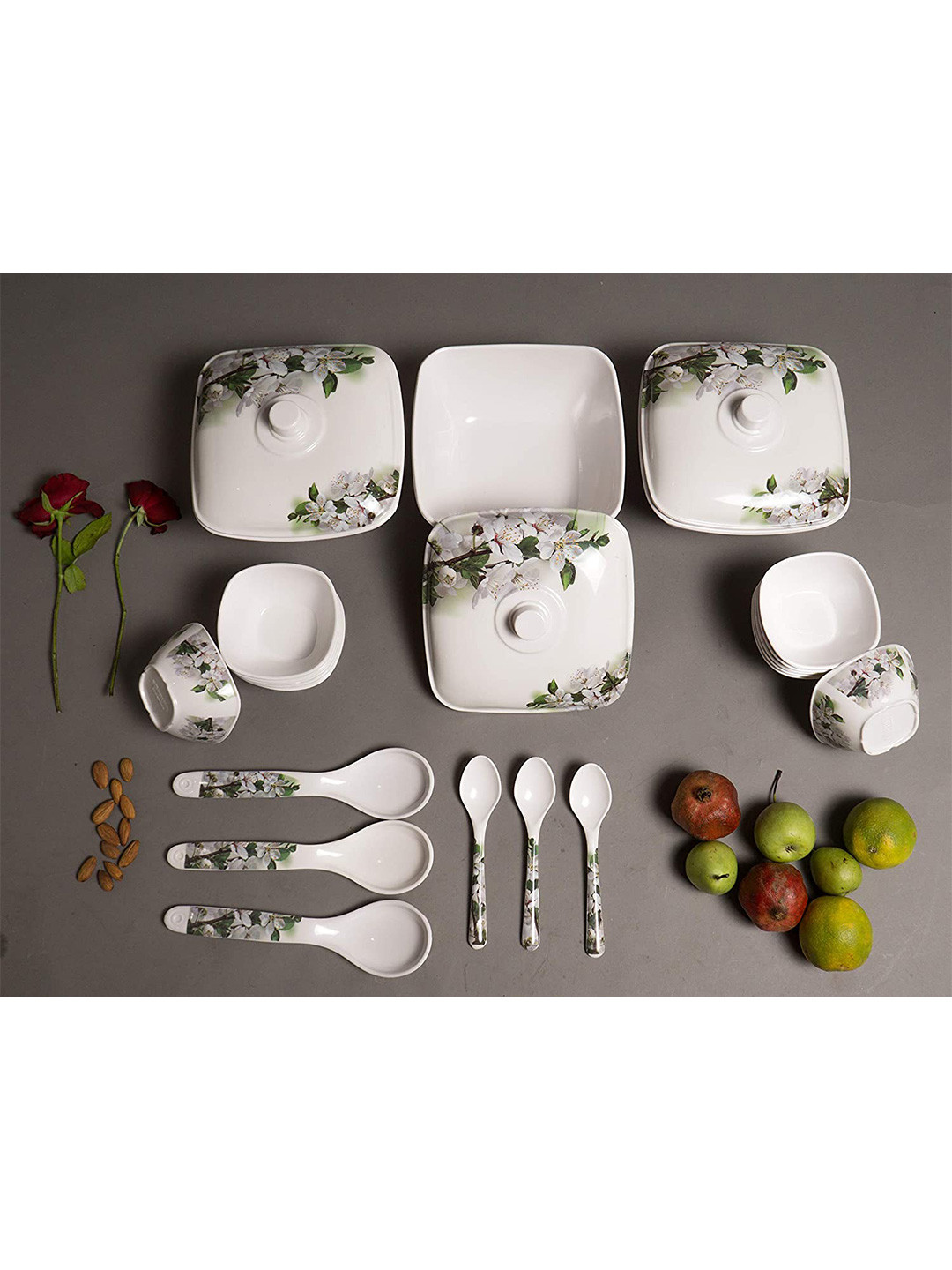 Bataniya White Floral Melamine Dishwasher Safe 40 Piece Dinner Set
