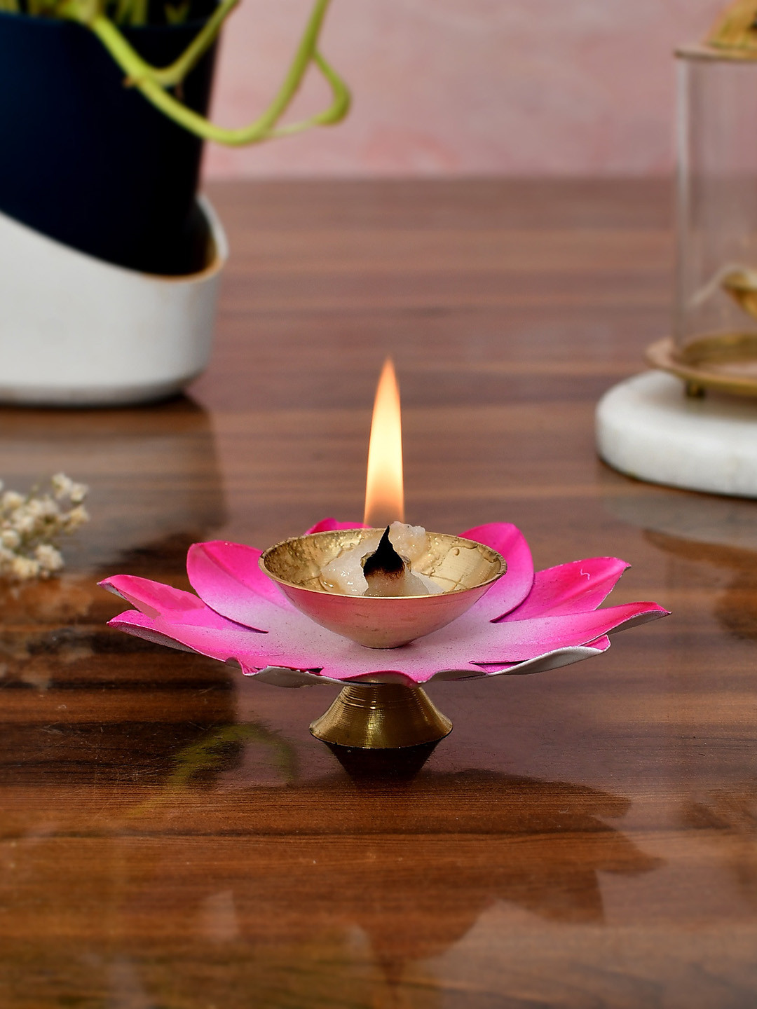 COOPTIC Pink Kamal Patti Flower Metal Oil Diya Pooja Essentials