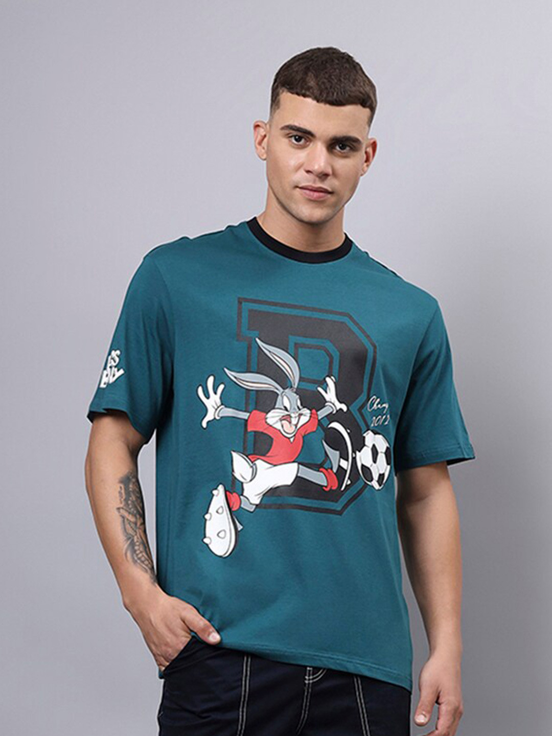 Bewakoof Green Looney Tunes Merchandise Printed Oversized Cotton T-shirt