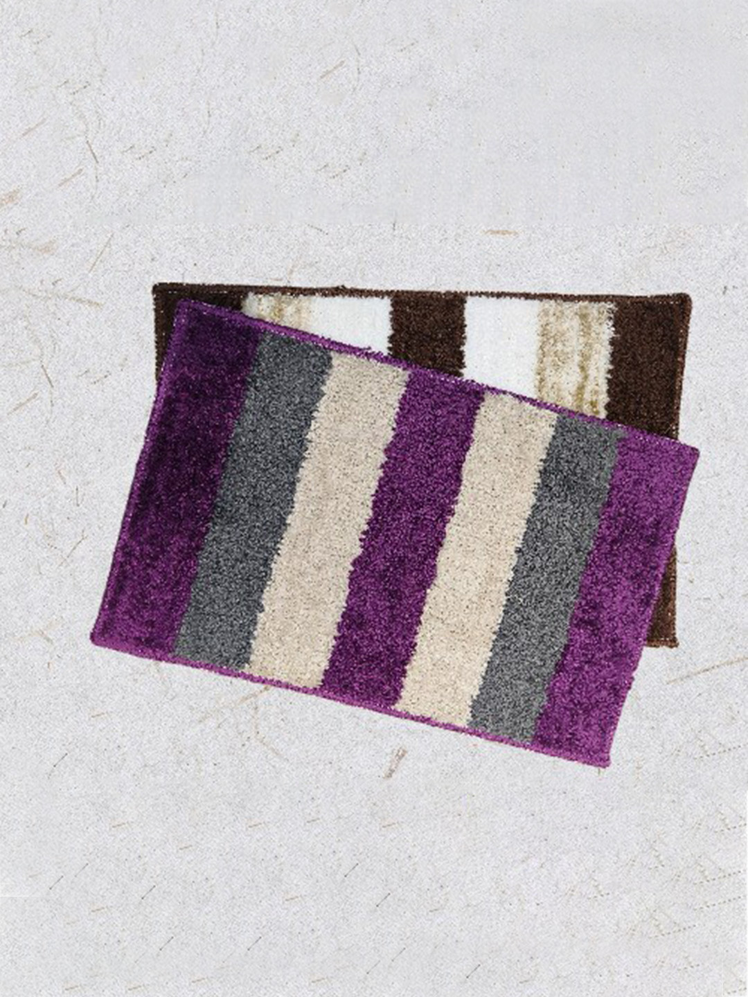 PEQURA Purple & Cream Striped 110 GSM 2 Pieces Microfibre Anti-Skid Bathroom Mat