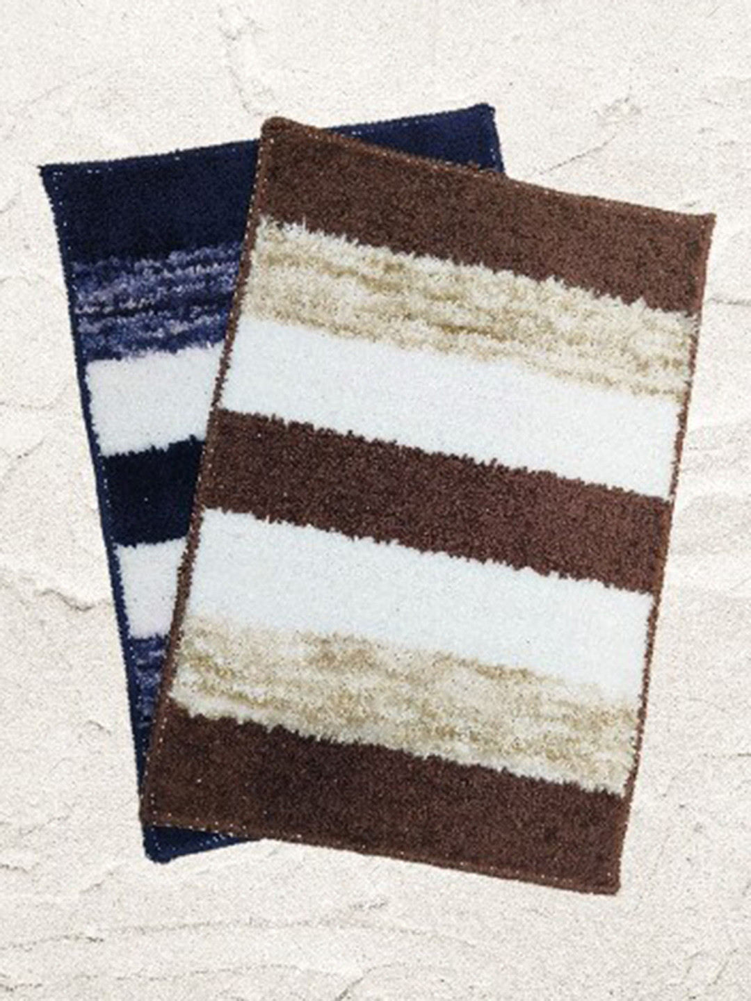 PEQURA  Blue & Brown Striped 110 GSM Microfibre 2 Pieces Anti-Skid Bathroom Mat