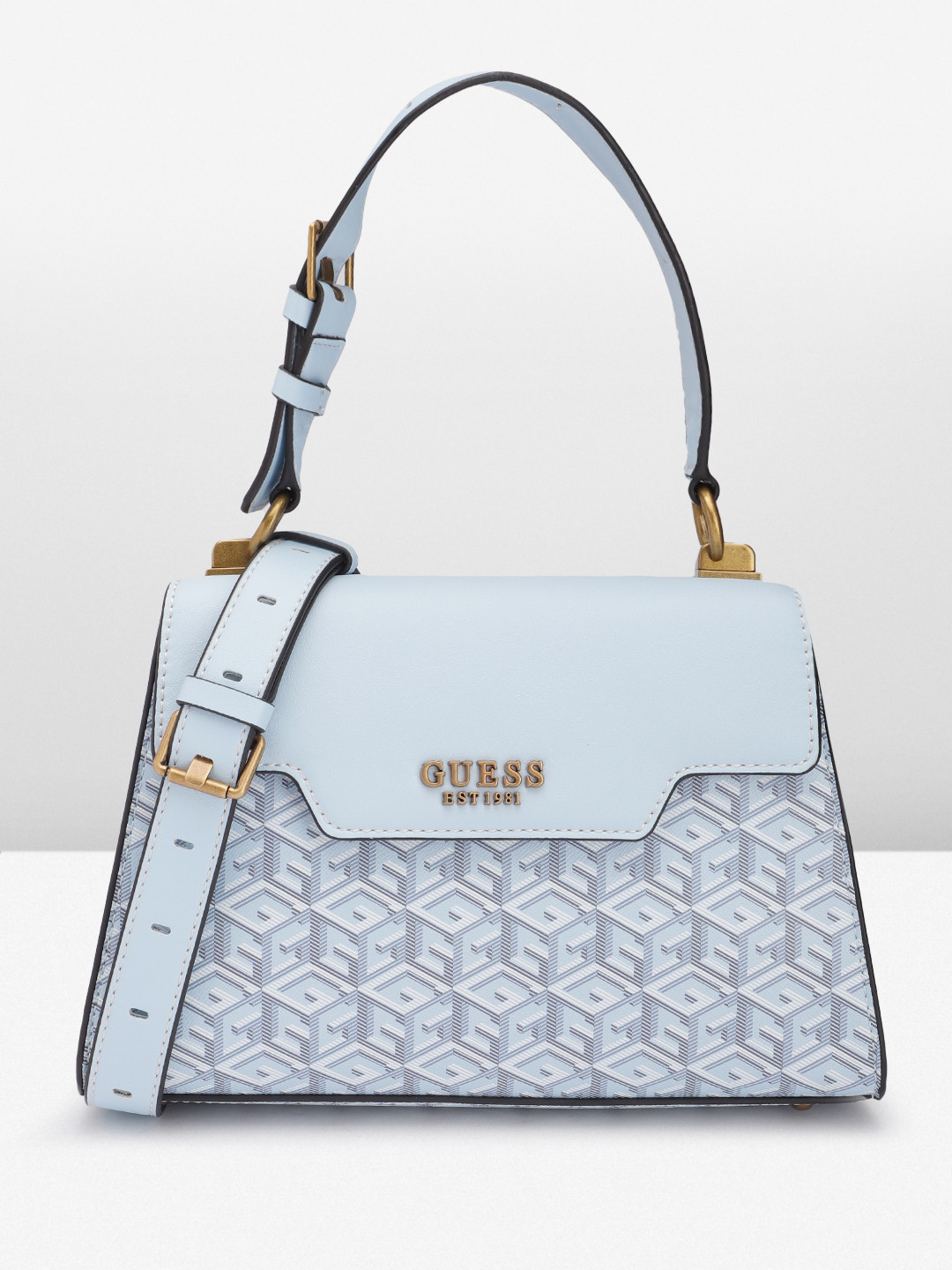 GUESS Brand Logo Printed Structured Satchel Bag