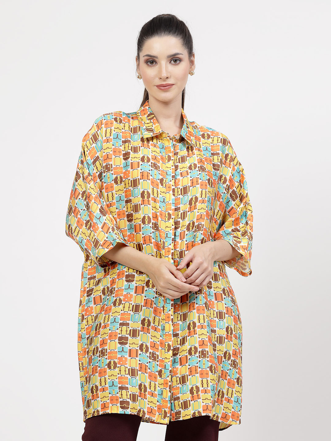 OFFICE & YOU Classic Conversational Printed Modal Satin Oversized Longline Casual Shirt