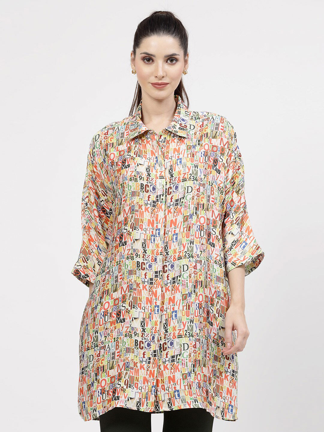 OFFICE & YOU Classic Oversized Typography Printed Modal Satin Longline Casual Shirt