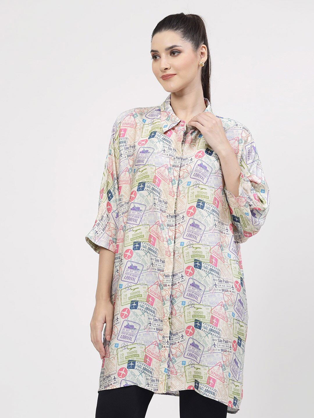 OFFICE & YOU Classic Oversized Typography Printed Modal Satin Longline Casual Shirt