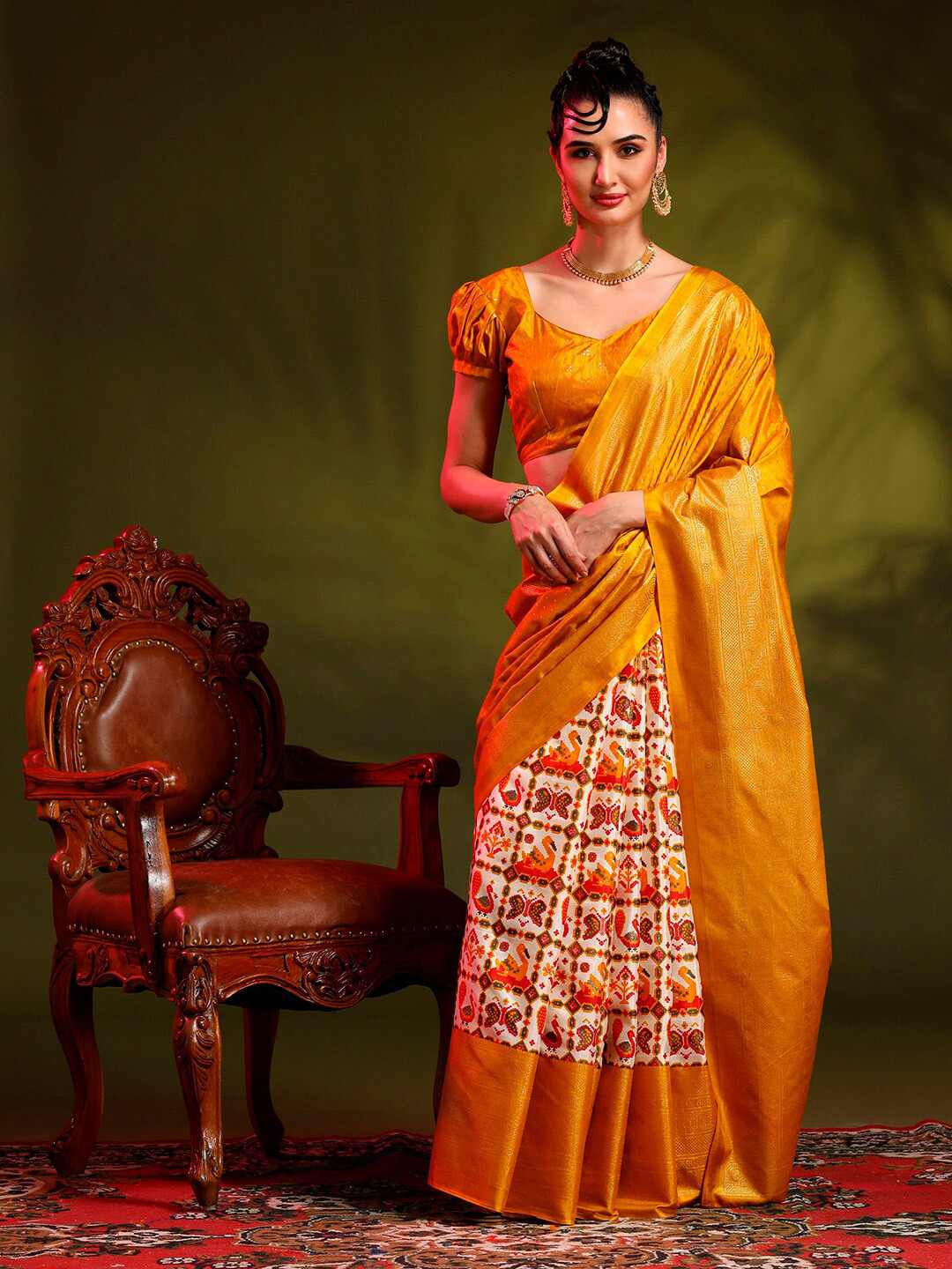 Anouk Yellow & Off White Ethnic Motifs Printed Half And Half Patola Saree