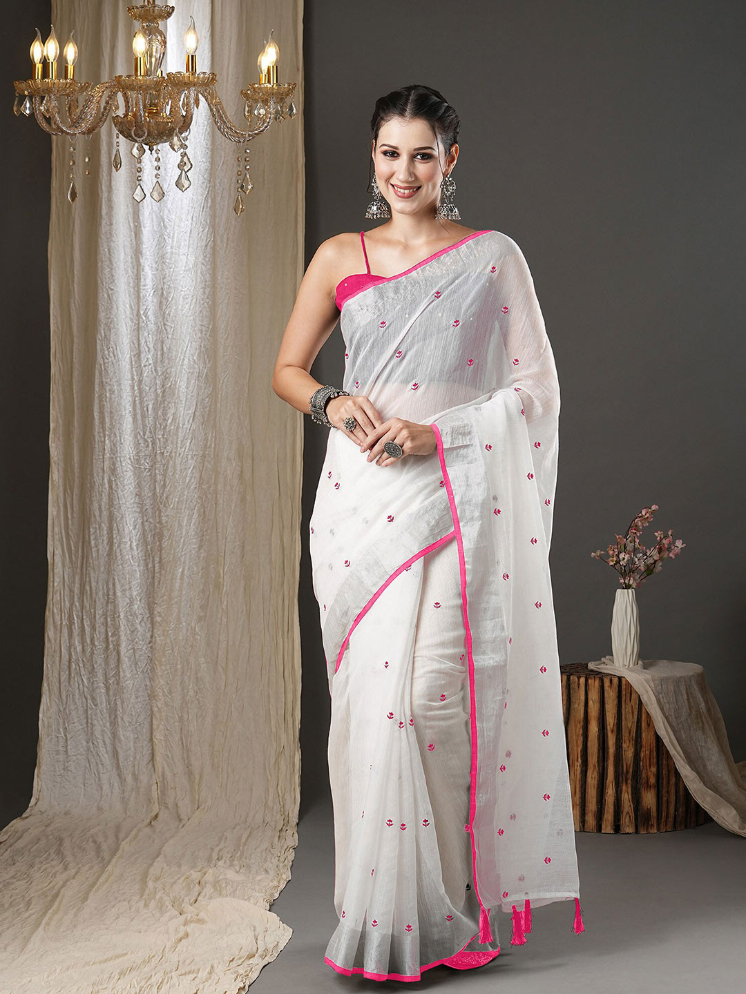 Anouk Rustic White Ethnic Motifs Embroidered Zari Silk Cotton Saree