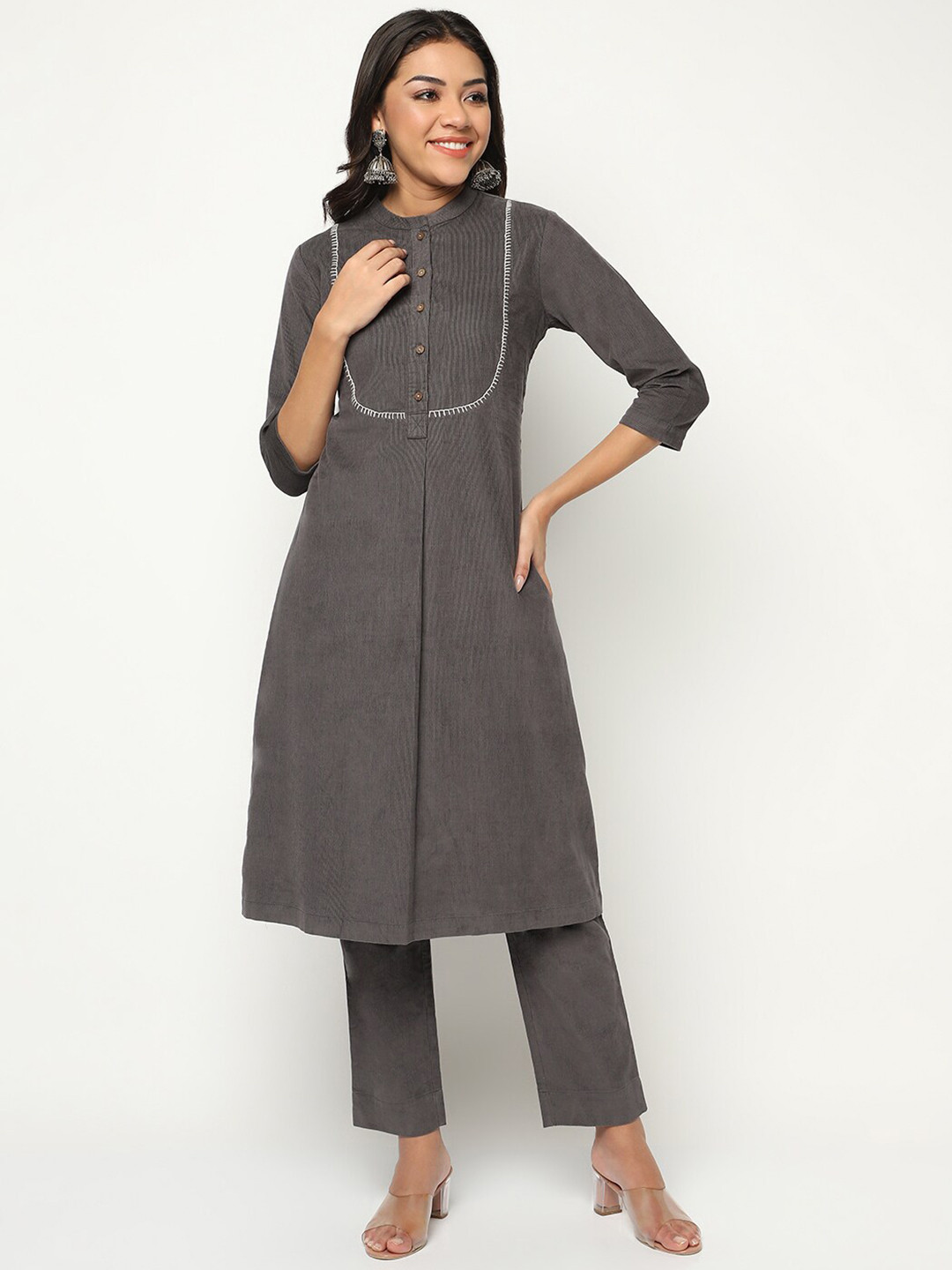 BARARA ETHNIC Thread Work Pure Cotton Corduroy A-line Kurta with Trousers