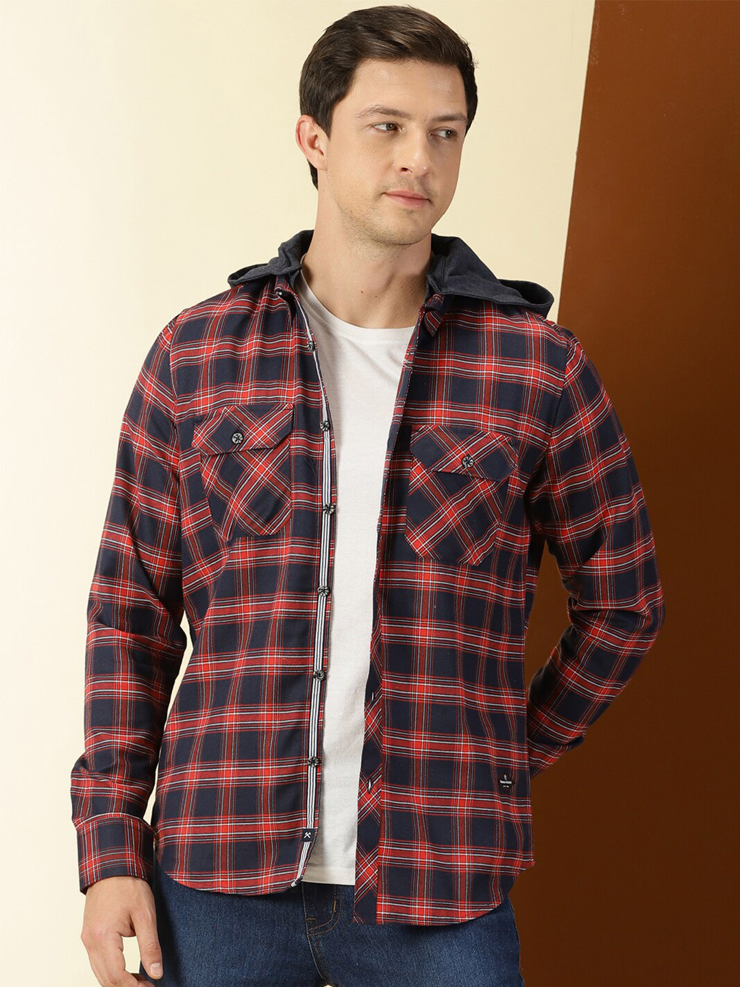 Thomas Scott Classic Hood Collar Buffalo Flannel Checked Casual Shirt
