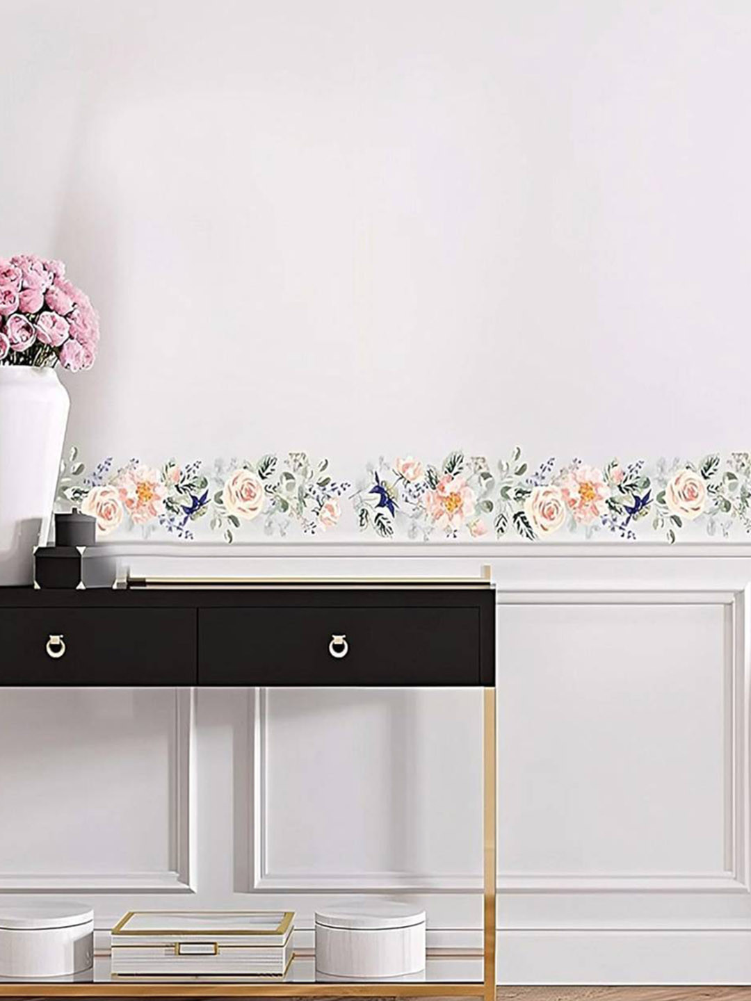 Jaamso Royals Green & Peach Coloured Flower Design Side Border Self Adhesive Wall Sticker