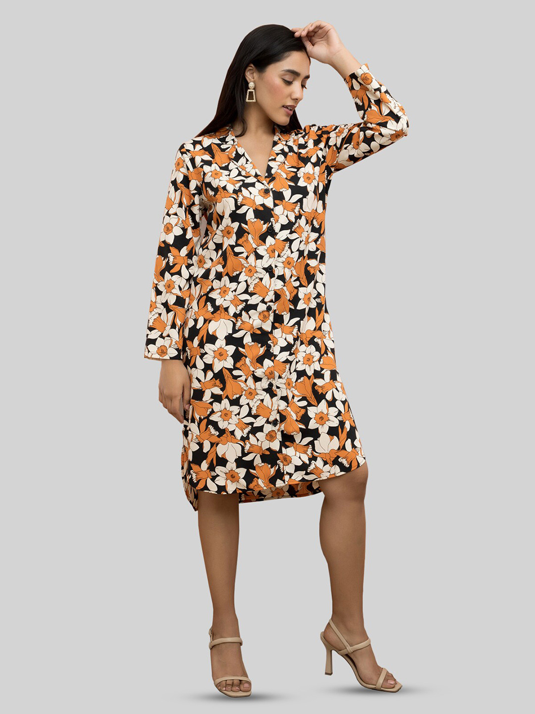 Slumber Jill Floral Printed Lapel Collar A-Line Dress