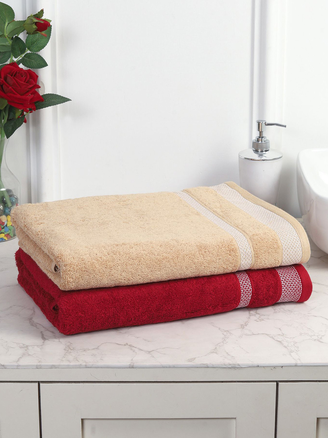 MAFATLAL Brown & Red 2 Pieces Solid 550 GSM Cotton Bath Towel