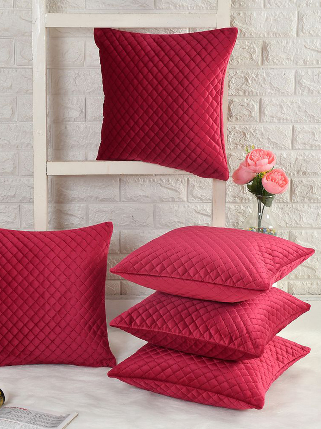 HOMADORN Maroon Geometric Velvet Durable 5 Pcs Textured Square Cushion Covers - 16x16In