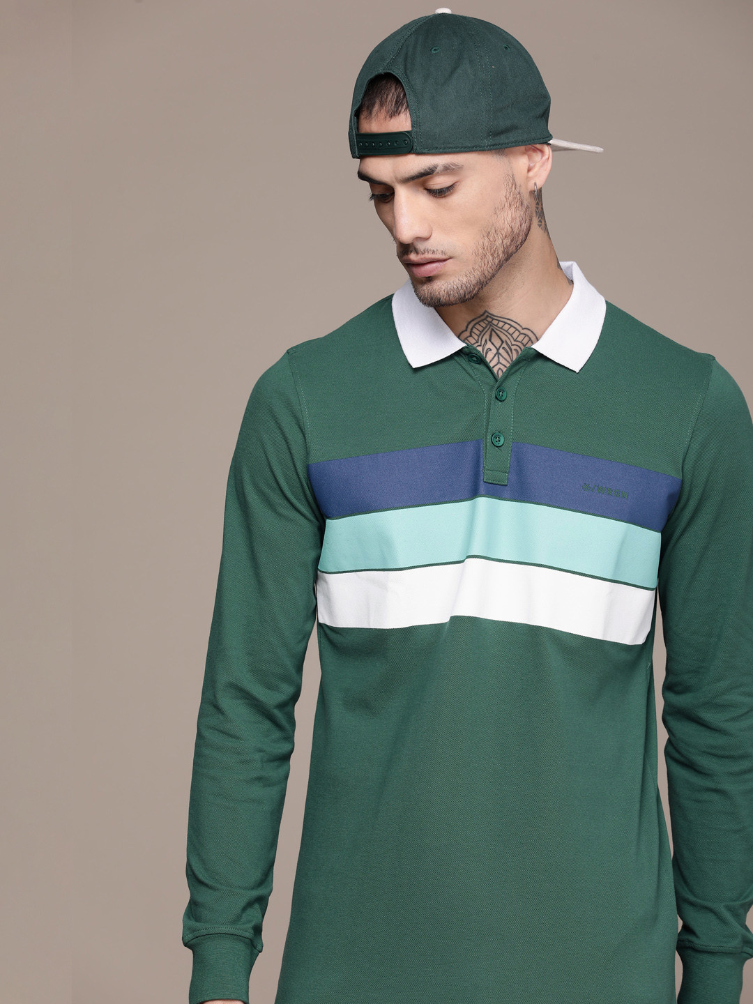 WROGN Men Striped Polo Collar Cotton T-shirt