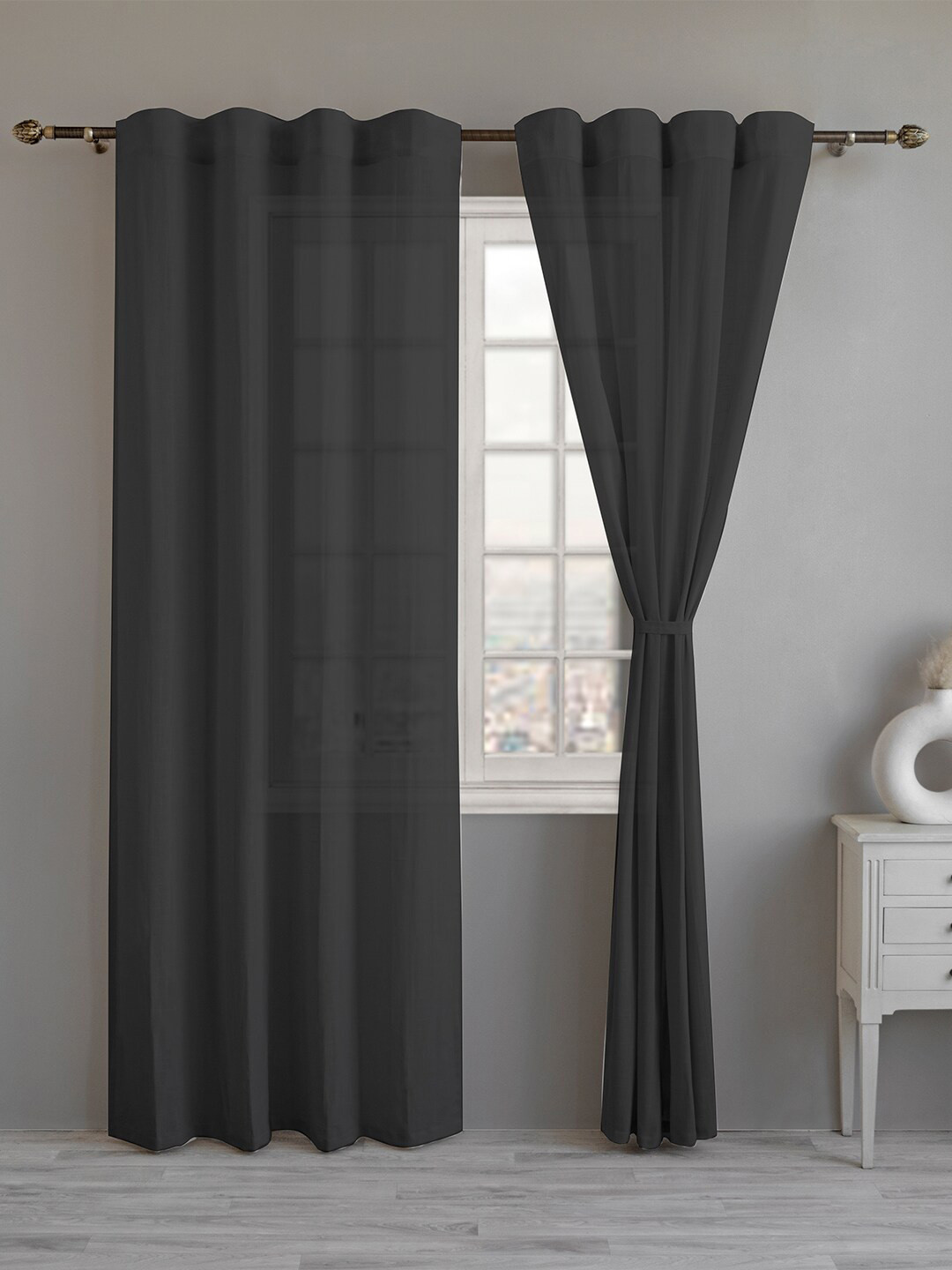 LINENWALAS Happy Sleeping Black 2 Pieces Cotton Rod Pocket Loops Sheer Window Curtains
