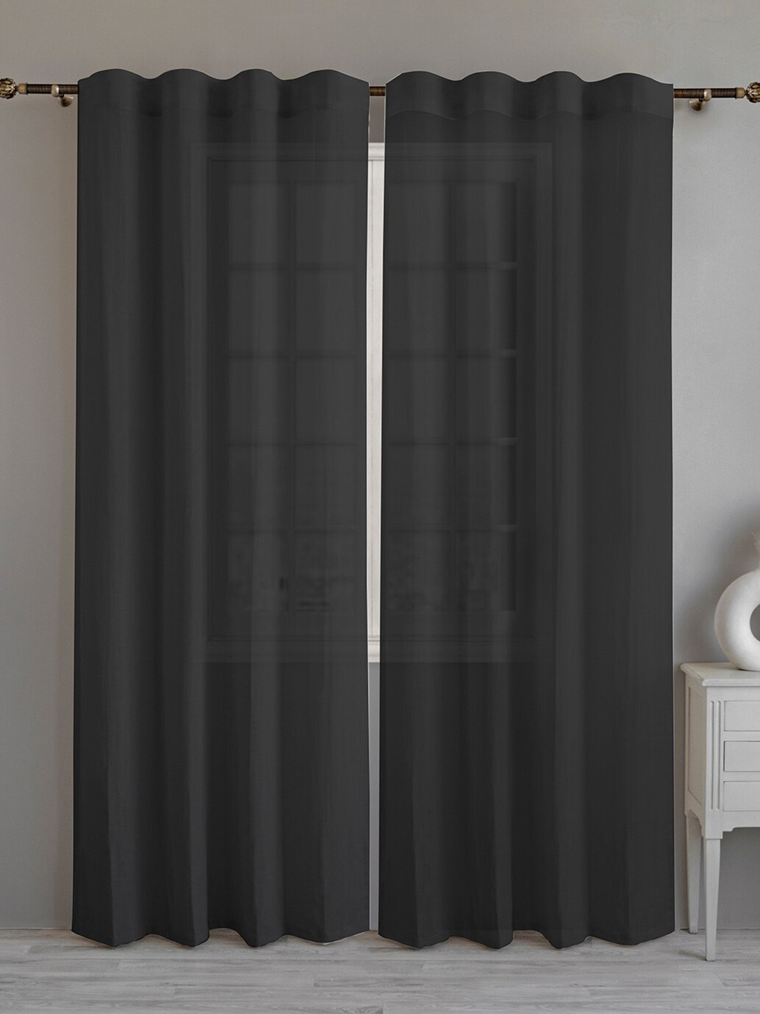 LINENWALAS Happy Sleeping Black 2 Pcs Cotton Sheer Rod Pocket Loops Window Curtains