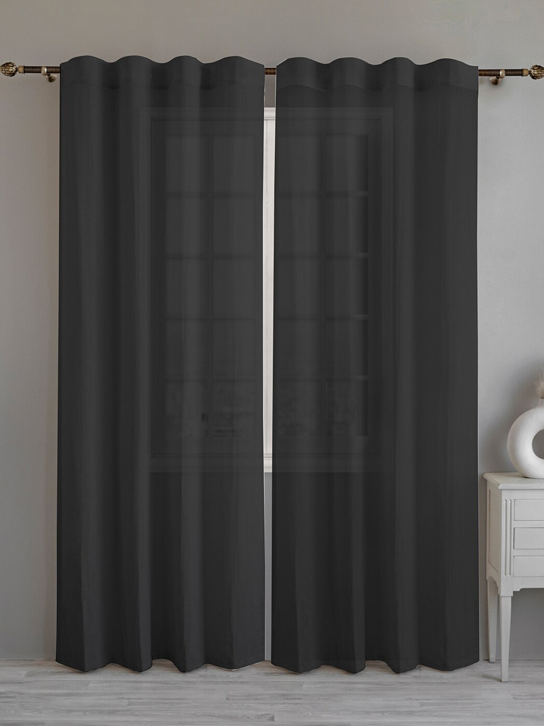 LINENWALAS Happy Sleeping Black 2 Pieces Cotton Sheer Door Curtains