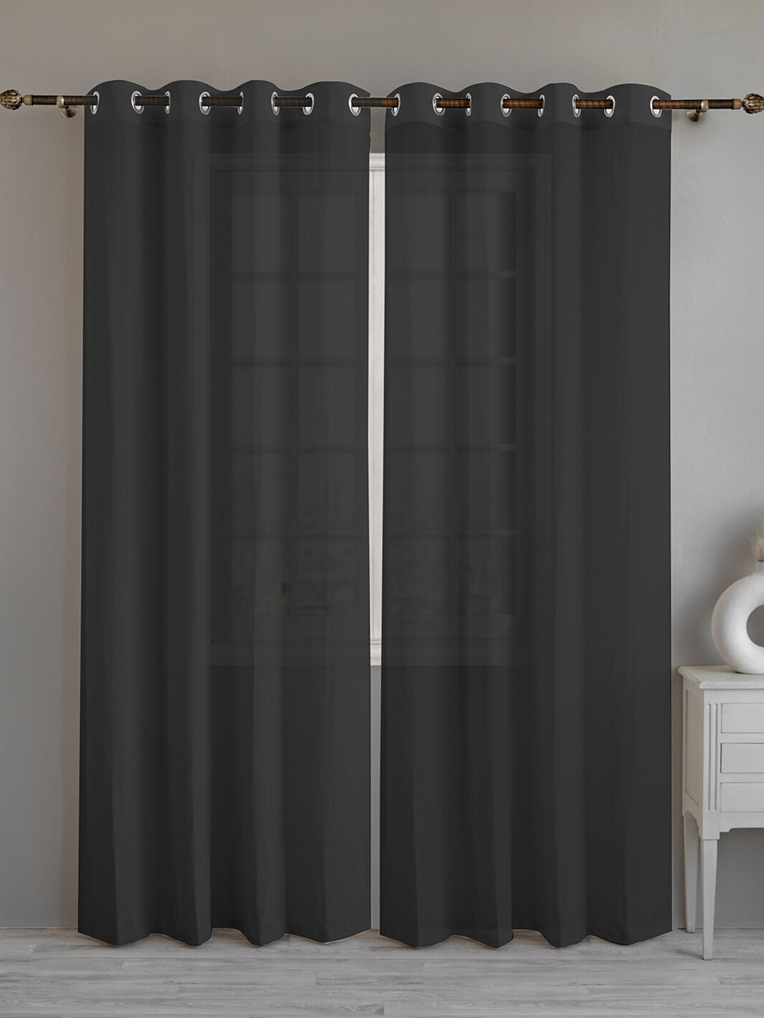LINENWALAS Happy Sleeping Black 2 Pieces Cotton Linen Eyelets Sheer Window Curtains