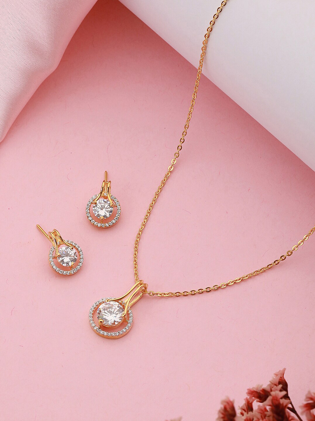 Saraf RS Jewellery Gold-Plated Solitaire AD-Studded Necklace with Earrings