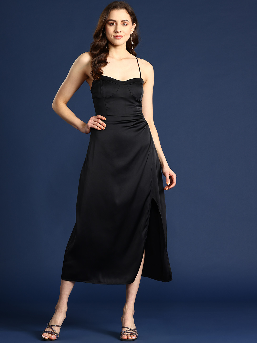 Mast & Harbour Side Slit Smocked Back A-Line Midi Dress