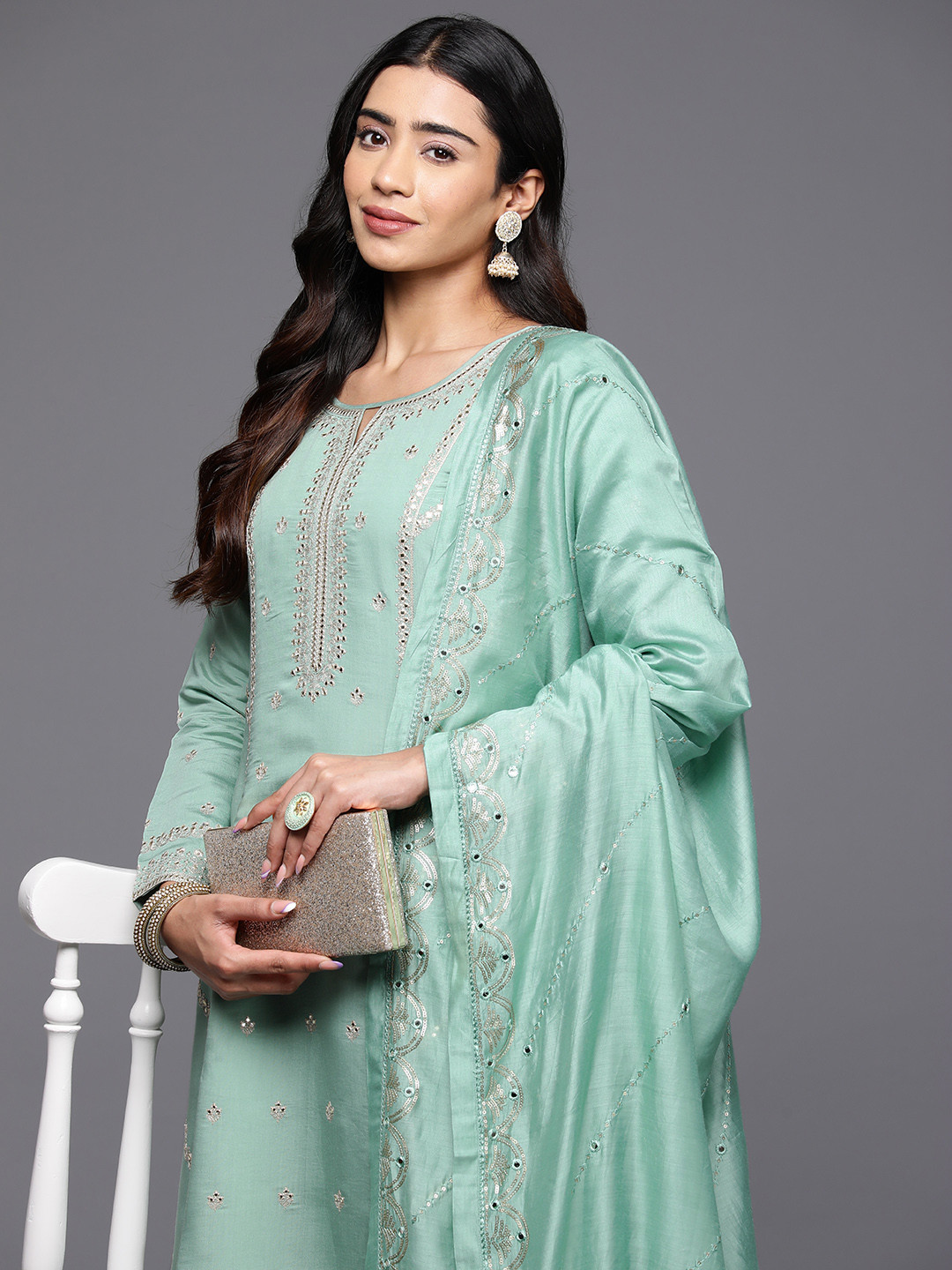 Libas Art Women Floral Embroidered A-Line Thread Work Kurta with Trousers & With Dupatta