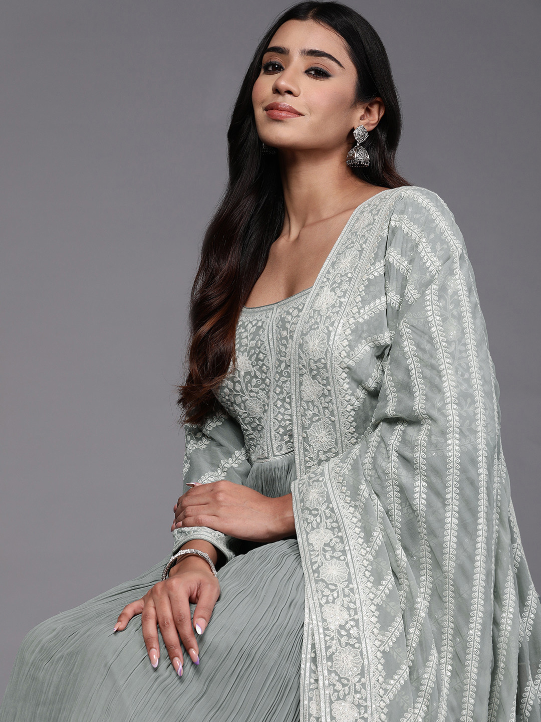 Libas Art Womens Green Embroidered Georgette Anarkali Kurta With Trousers & Dupatta