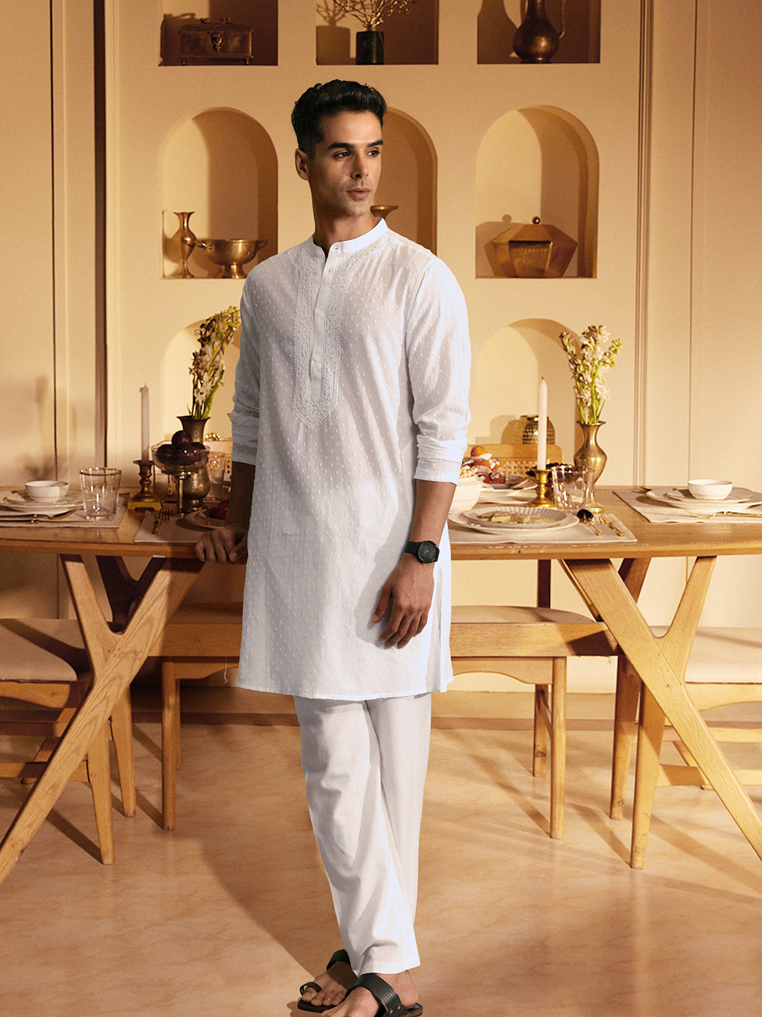 House of Pataudi Pure Cotton Chikankari Embroidered Dobby Jashn Kurta