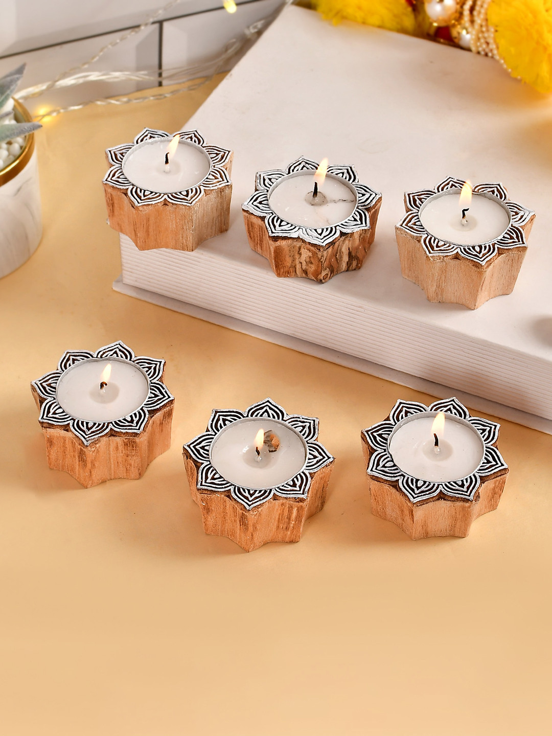 COOPTIC Set Of 2 Lotus Shaped Block Wooden Tea Light Candle Holder