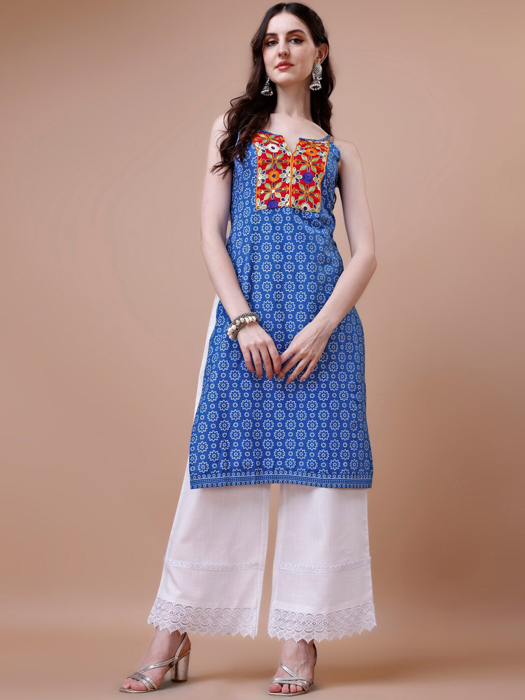 KALINI Floral Printed Shoulder Strap Thread Work Kurta