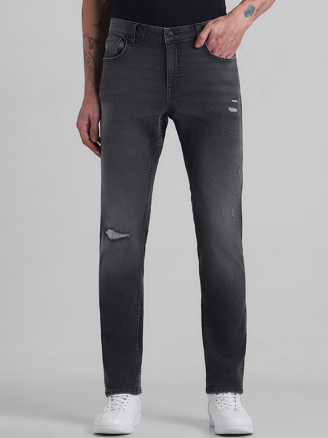 Jack & Jones Men Slim Fit Low-Rise Slash Knee Light Fade Stretchable Jeans
