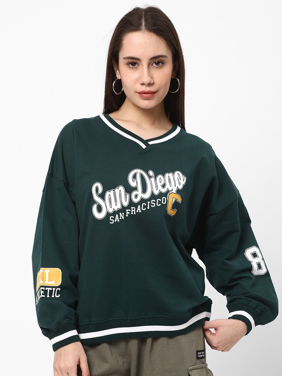 R&B Typography Printed V-Neck Cotton Pullover