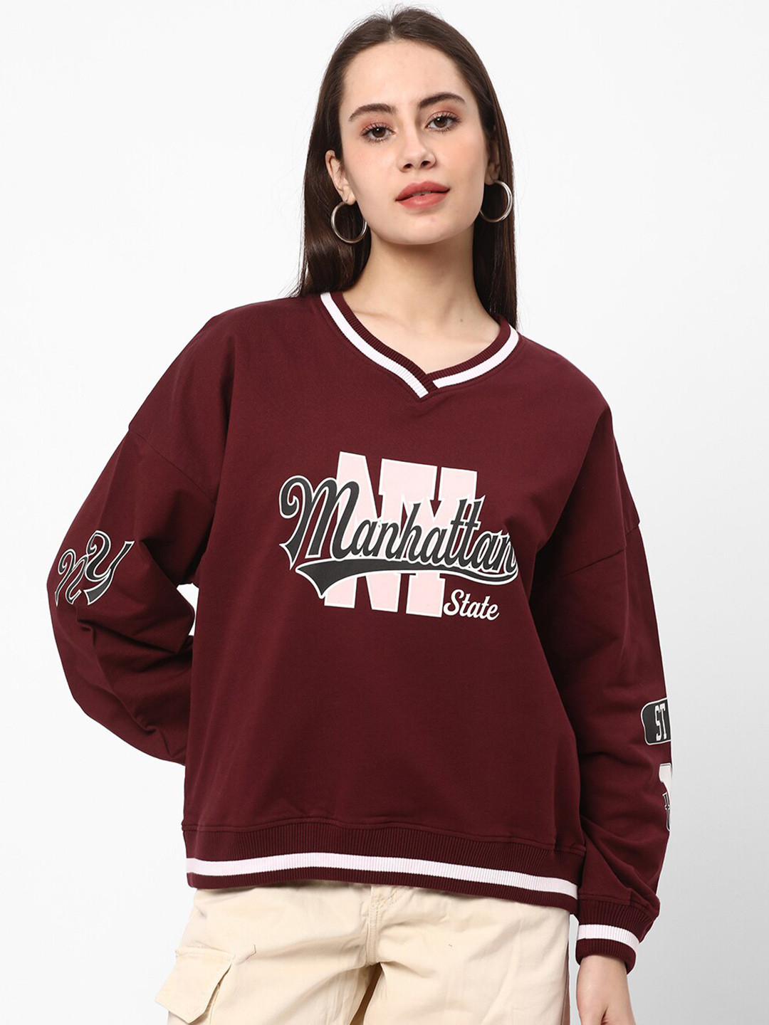 R&B Typography Printed V-Neck Cotton Pullover