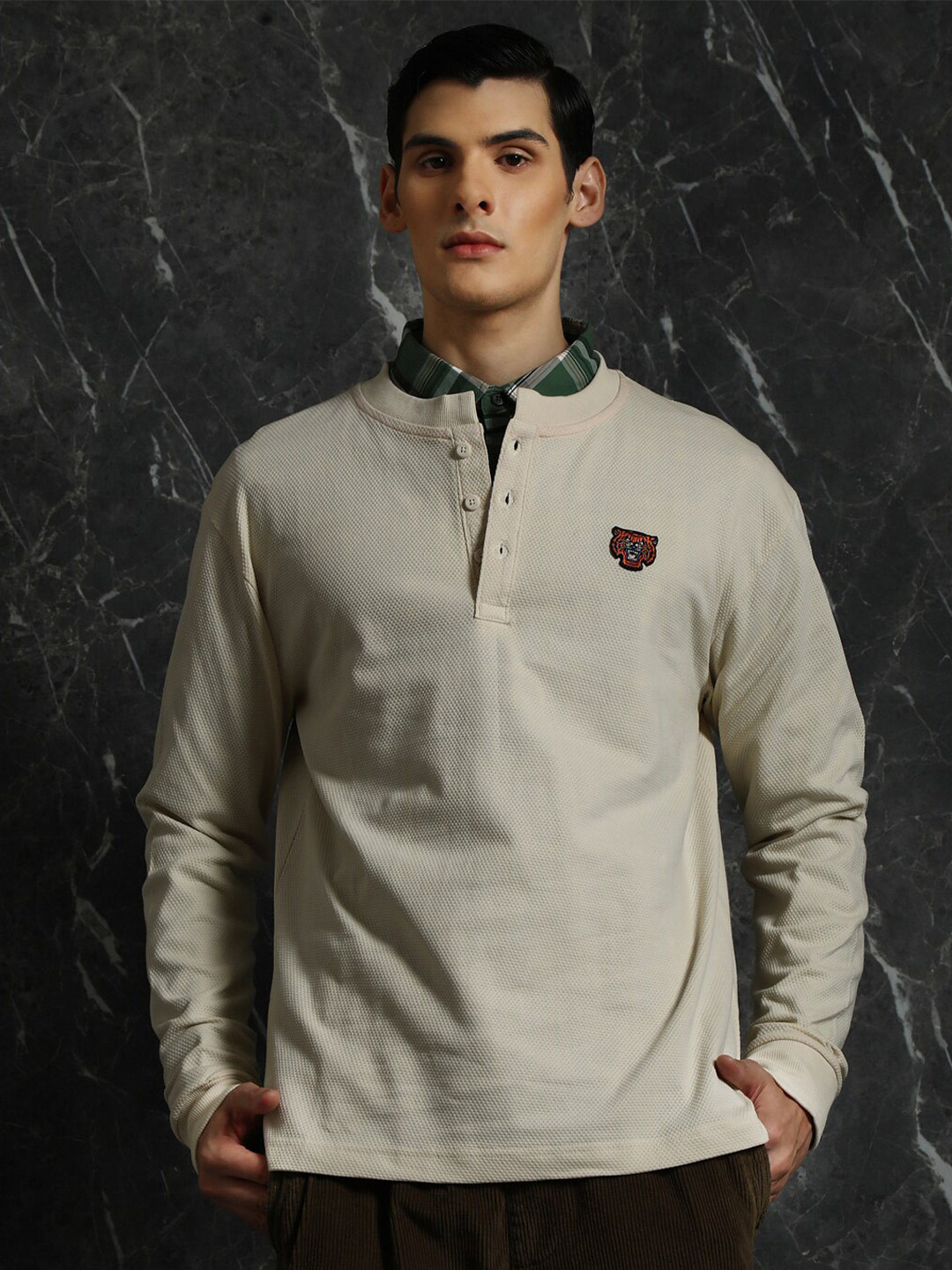 Breakbounce Beige Self Design Round Neck Cotton Relaxed Fit T-shirt