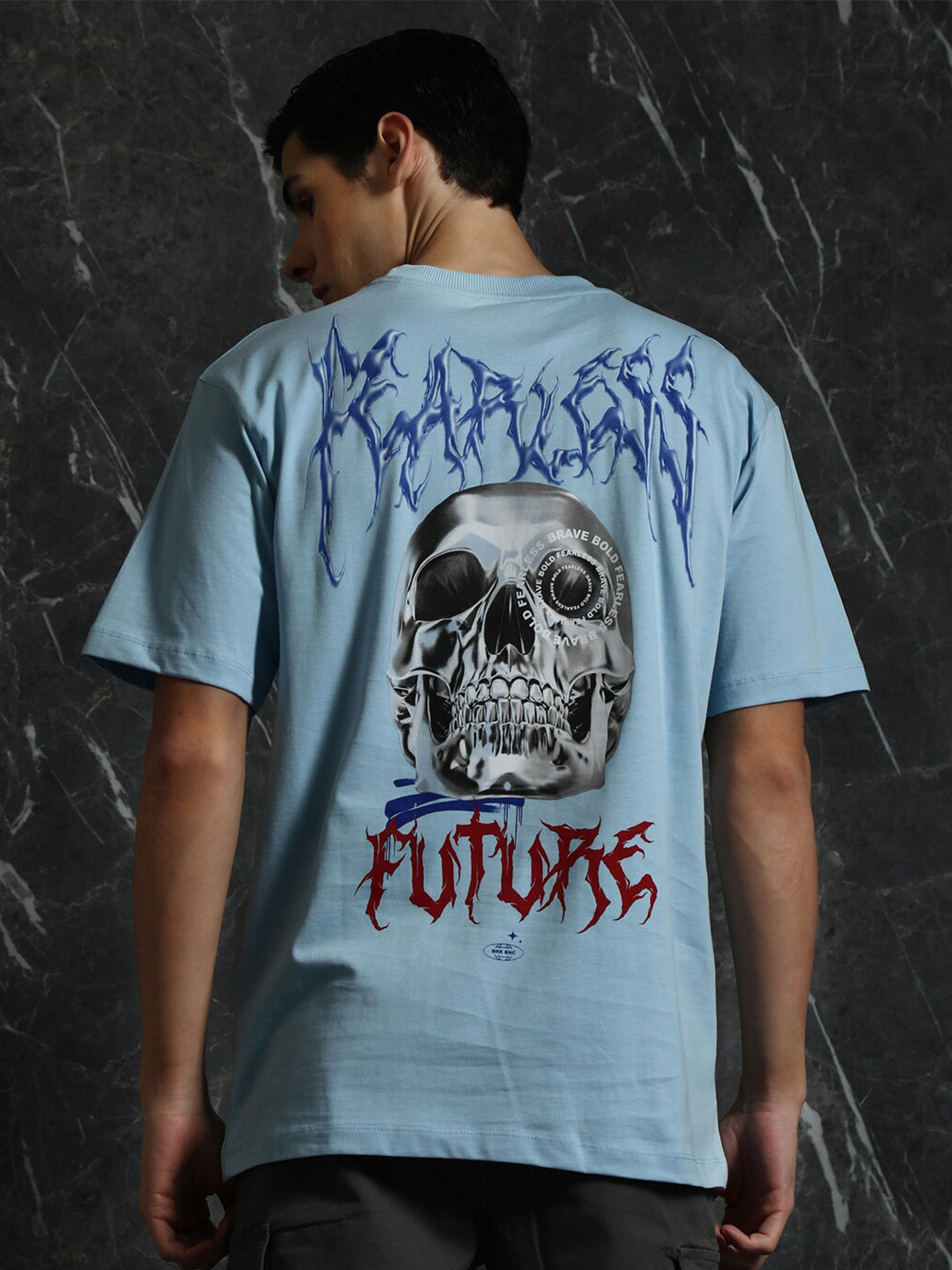 Breakbounce Sky Blue Graphic Printed Cotton Oversized T-shirt