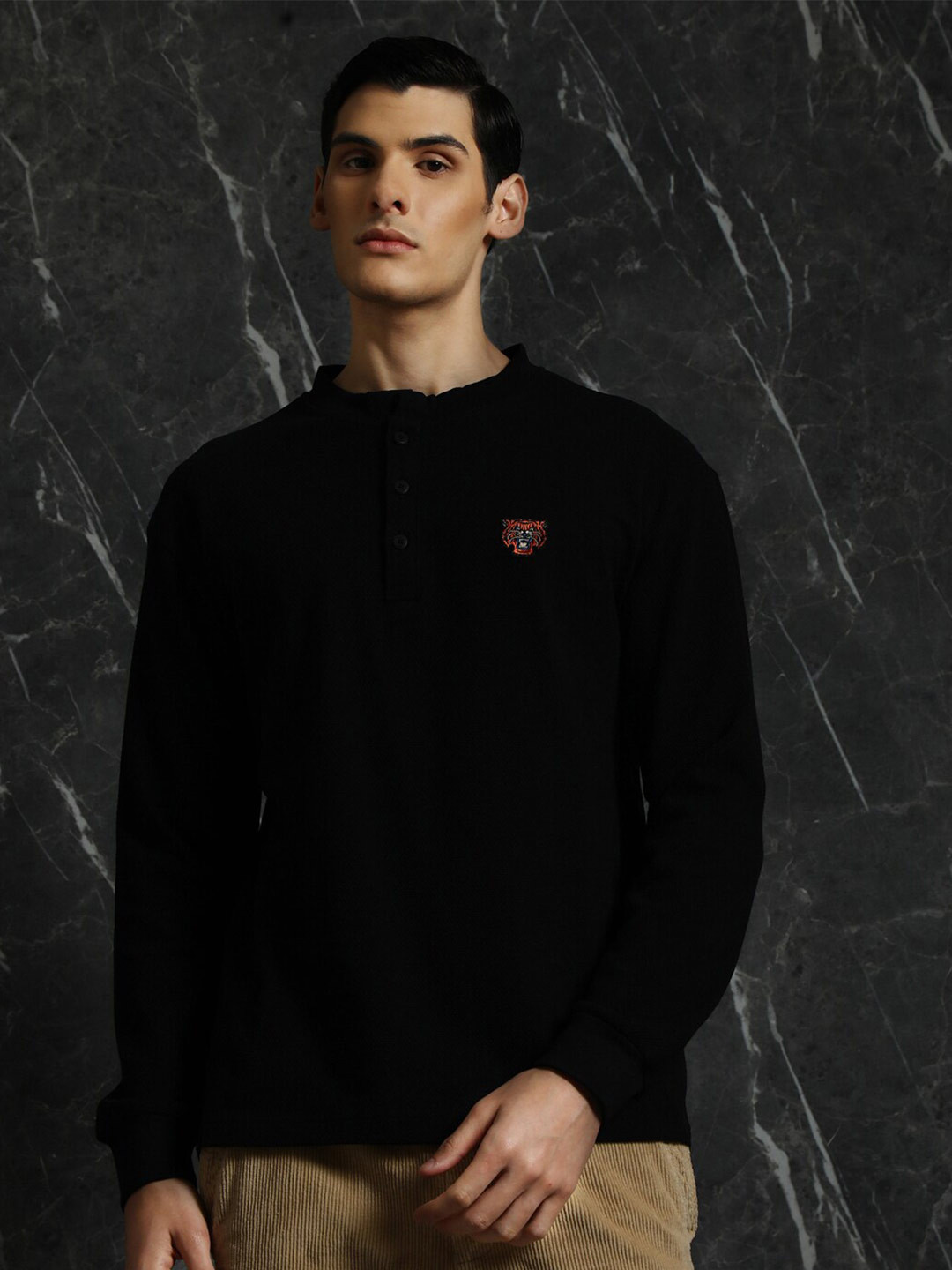 Breakbounce Black High Neck Cotton Relaxed Fit T-shirt