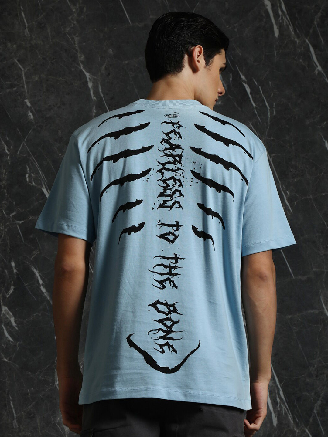 Breakbounce Sky Blue Typography Printed Cotton Oversized T-shirt