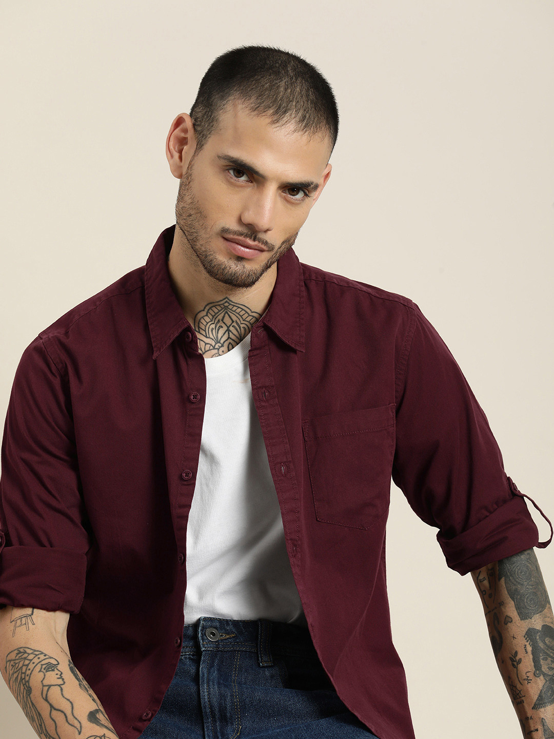 HERE&NOW Opaque Pure Cotton Casual Shirt