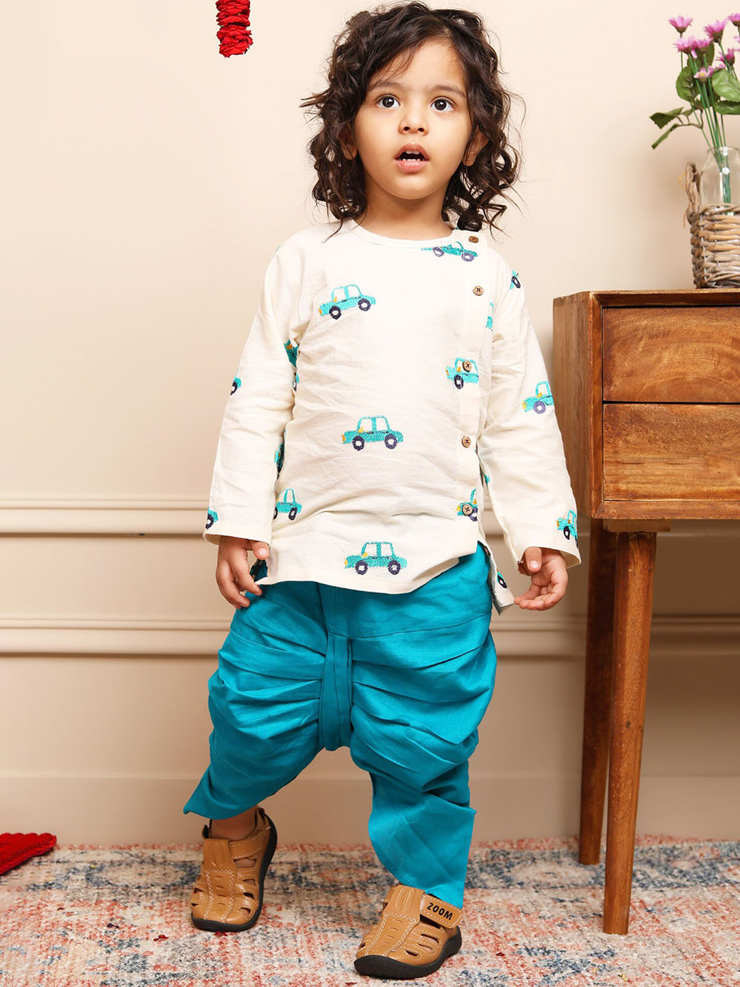 Polka Tots Boys Graphic Embroidered Pure Cotton Kurta with Dhoti Pants