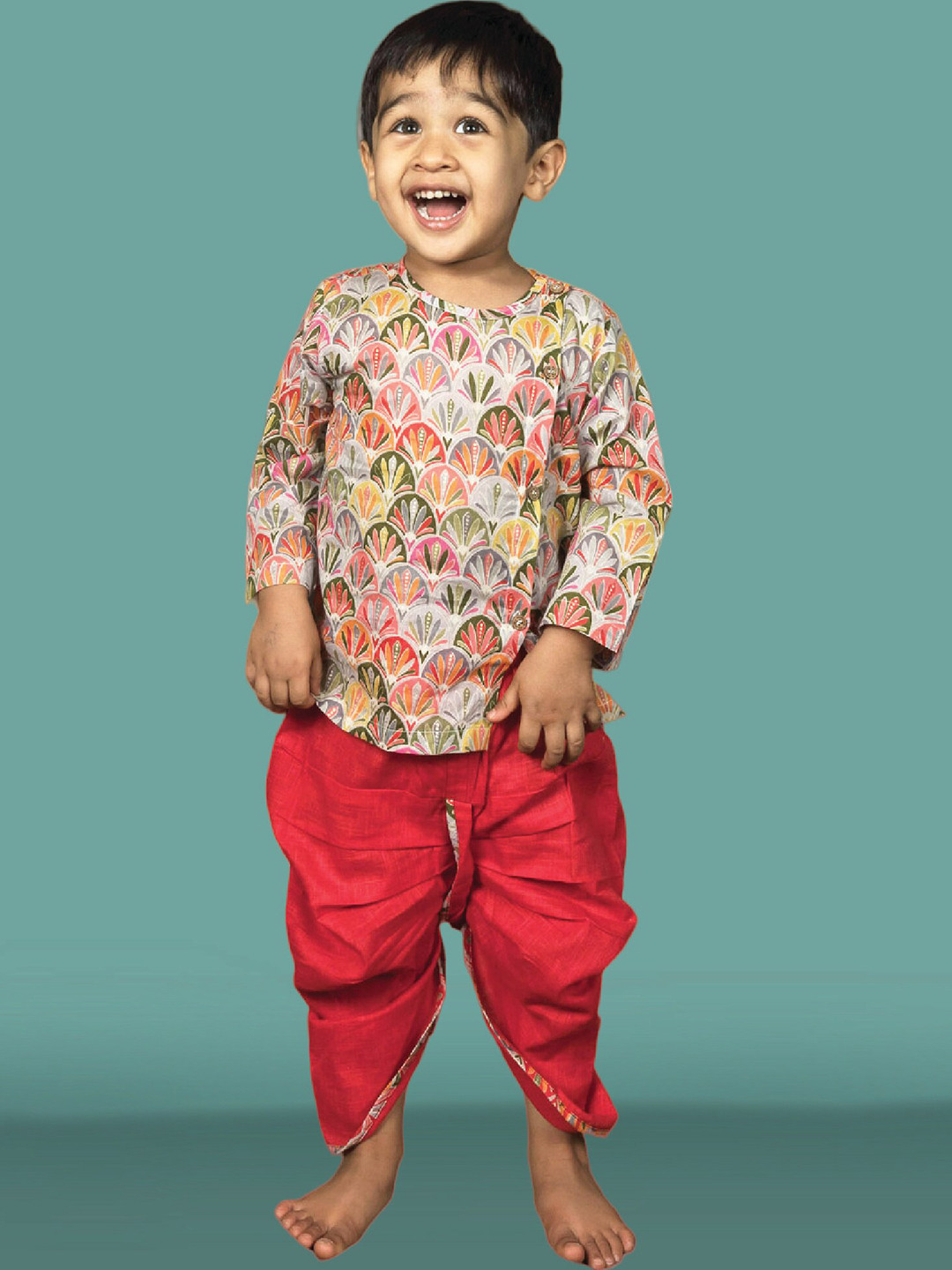 Polka Tots Boys Floral Printed Pure Cotton Kurta with Dhoti Pants